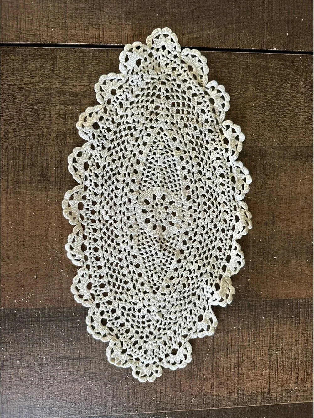 Hand Crocheted Oval Doily Ivory Floral Scalloped Lace Table Mat 12x6